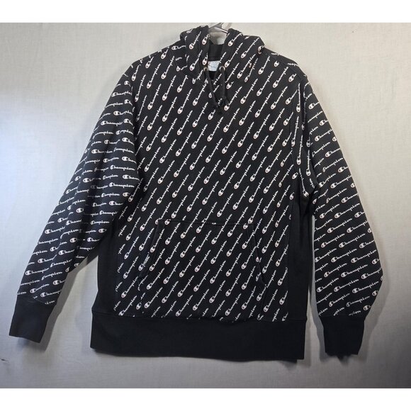 Champion Hoodie Mens Large Black Reverse Weave All Over Logo Script Pullover - Picture 1 of 10